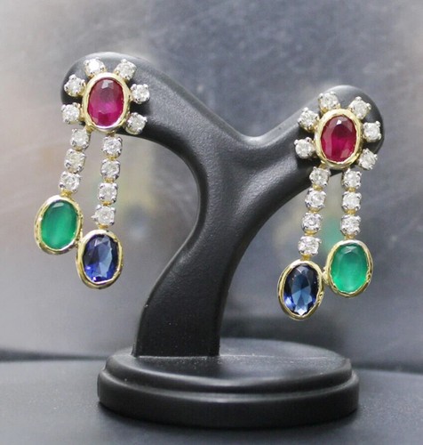 0.78ct Natural Round Diamond 14K BIS Hallmarked Yellow Gold Mix Stone Earrings - Picture 3 of 12