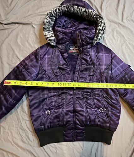 ZeroXposur Purple Black Plaid Faux Fur Removable Hood Snow Puffer Jacket Sz S - Picture 5 of 5