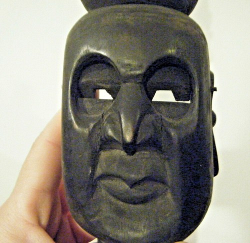 20" Triple Zen Buddha Mask Antique Japanese Wood Scepter Puppet with Moving Eye - Picture 10 of 12