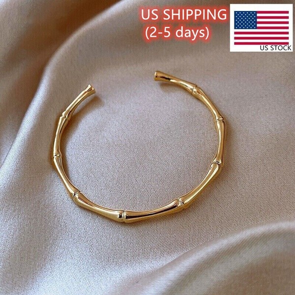 Alternate view of Woman 18k Gold Plated Fashion Solid Bamboo Shape Opening Bracelet Bangle Cuff
