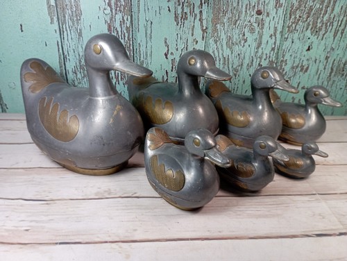 Vintage Pewter & Brass Duck Trinket Pots Graduated Set Of 7.  Hong Kong 1970`s - Picture 2 of 24