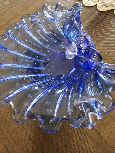Vtg Murano Italy Art Glass Ashtray Bowl Cobalt Blue Controlled Bubbles 4"