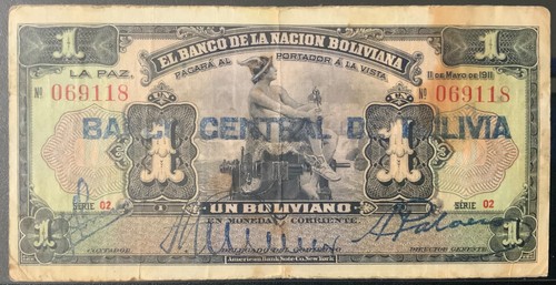 1929 BOLIVIEN PAPIERGELD - EINE BOLIVIANO "BLAUE BRIEFMARKE" BANKNOTE!