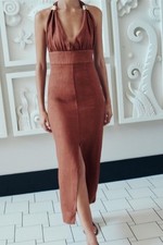 Zara Brown Linen Midi Dress Gold Detail Size S Summer Cross Back Smart Stylish F