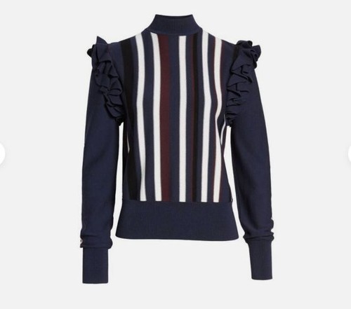 Halogen Striped Long Detachable Sleeve Ruffle Pullover Sweater M - Picture 2 of 11