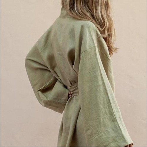 Damen Klassisches Leinen Langarm Shirt Kleid Boho Chic Schlaf Morgenmantel mit Gürtel Neu - Bild 7 von 9