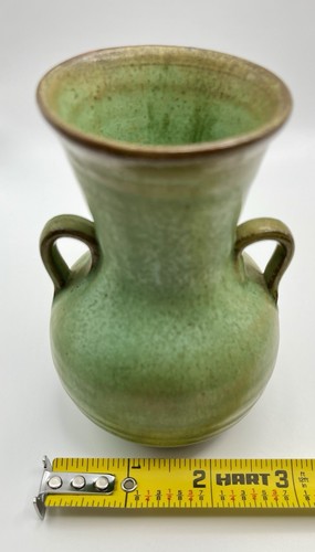 Vintage Antique Double Handle Prairie Green Red Ware 4.5” Bud Vase
