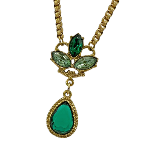 Collana perle strass goccia lacrima verde smeraldo tono oro 1928 vintage firmata - Foto 2 di 7