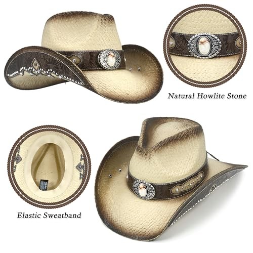 Cowboyhüte für Damen und Herren Stroh Westernhut bestickt Medium-Large hellbraun - Bild 4 von 6
