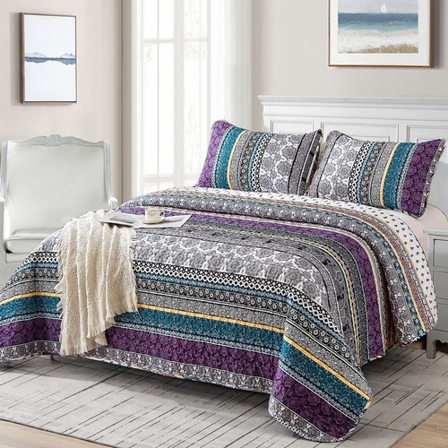 WONGS BEDDING Boho Quilt Set King Size, Purple Bohemian 3 Pieces Quilt Sets, ... - Picture 2 of 7