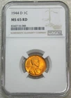 1944 D Lincoln Cent NGC MS65RD Bright Red with Superb Luster, PQ #V209G