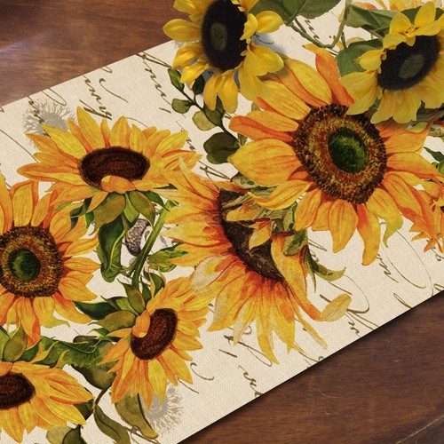 Fall Sunflowers Table Runner, Vintage Spring Summer Flower Home Kitchen Dinin... - Picture 4 of 7