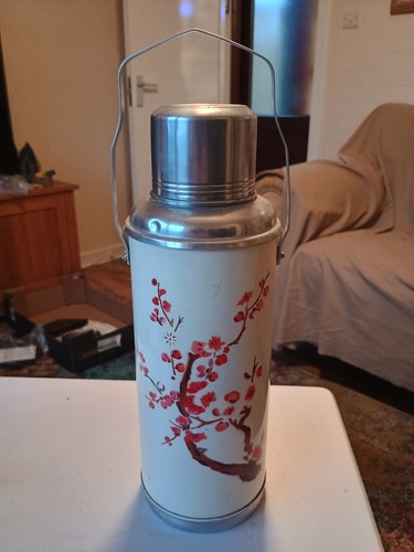 Vintage Chinese Coffee Vintage Aluminum  Glass Vacuum Flask Cherry Blossoms