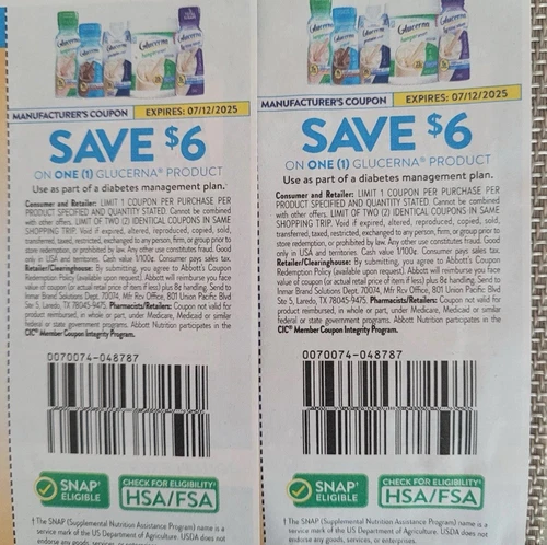 Lot Of Two (2) Glucerna $6 Off Coupons,  Exp 7/12/2025. SAVE $12!