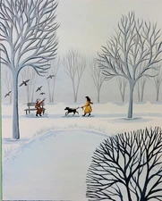 Original Folk Art Painting Landscape Winter Park Dog Walker Mama Daughter Birds