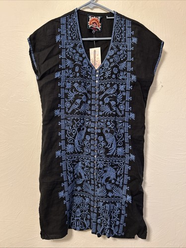 $285 NWT Johnny Was Harriet Button Down Tunic Dress Sz XS Black Blue Embroidered - Picture 4 of 7