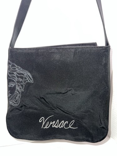 Vintage Gianni Versace Schultertasche schwarz Nylon/Leder bestickt Medusa - Bild 2 von 10