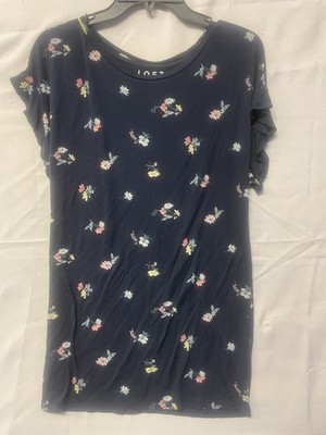 LOFT Navy Blue Floral Flutter Sleeve Top Blouse Size Large Petite Ruffle Knit