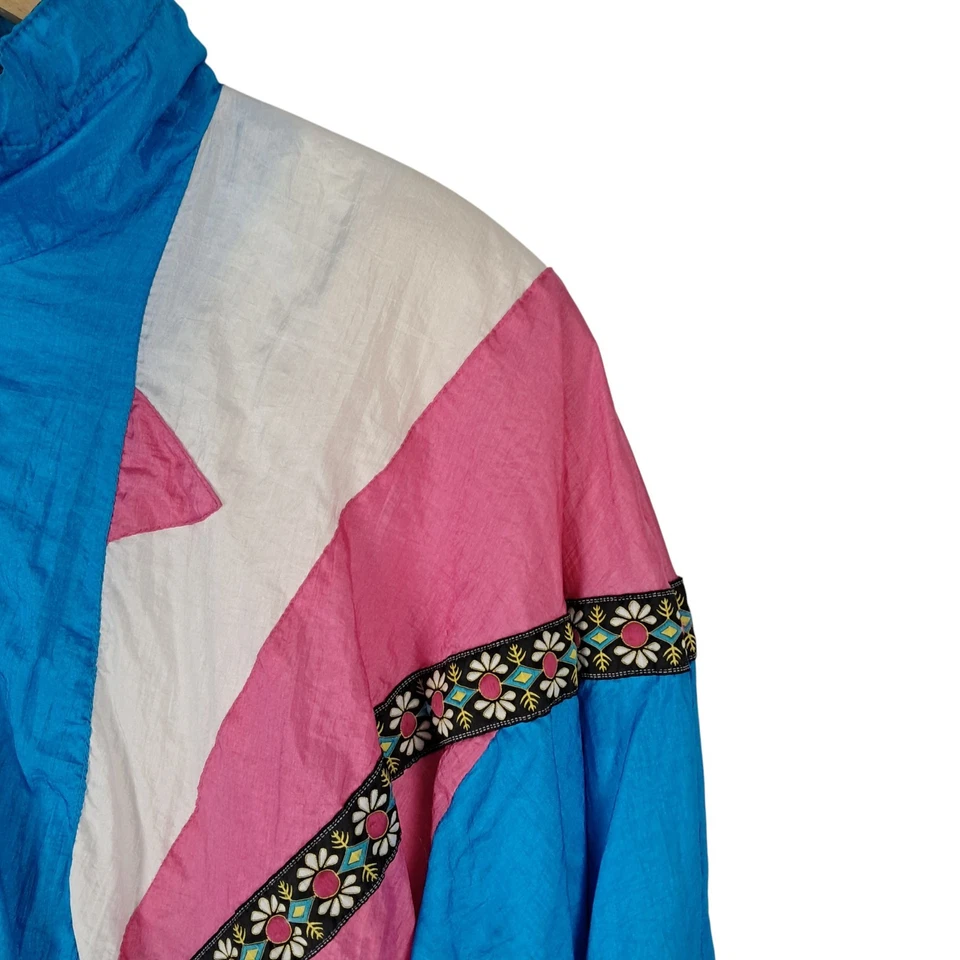 Chaqueta Grande Para Mujer Azul/Beige Poliéster Vintage Cremallera Chaqueta de Pista Foto 3 de 4