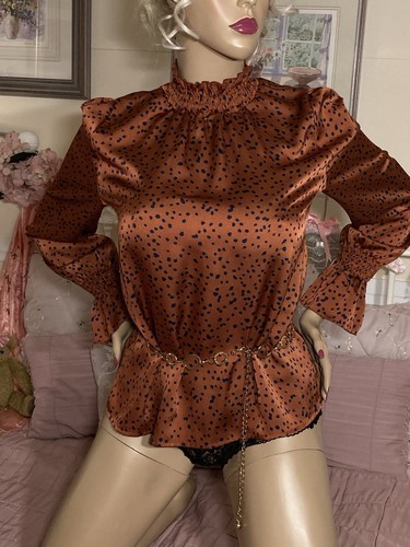 HIGH GLOSS LIQUID SATIN Secretary GOVERNESS Mistress High Neck Ruffle Blouse - Picture 9 of 24
