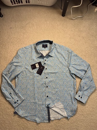 Construct Slim Fit 4-Way Stretch Gingham Cuff Button Up Shirt Floral Men XL Blue