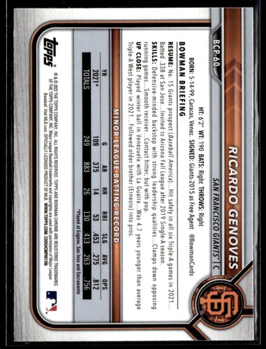 2022 Bowman Ricardo Genoves Chrome Prospects - Bild 2 von 2