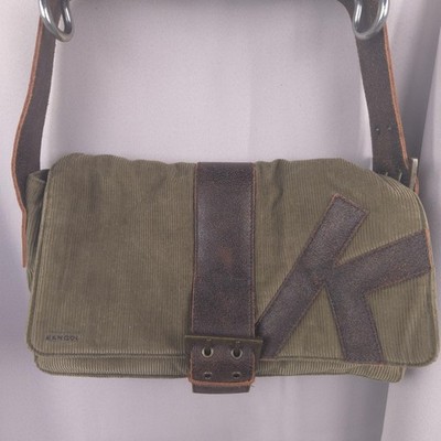 Y2K Kangol Cord Shoulder Bag Womens Medium Olive Green Corduroy Leather Academia