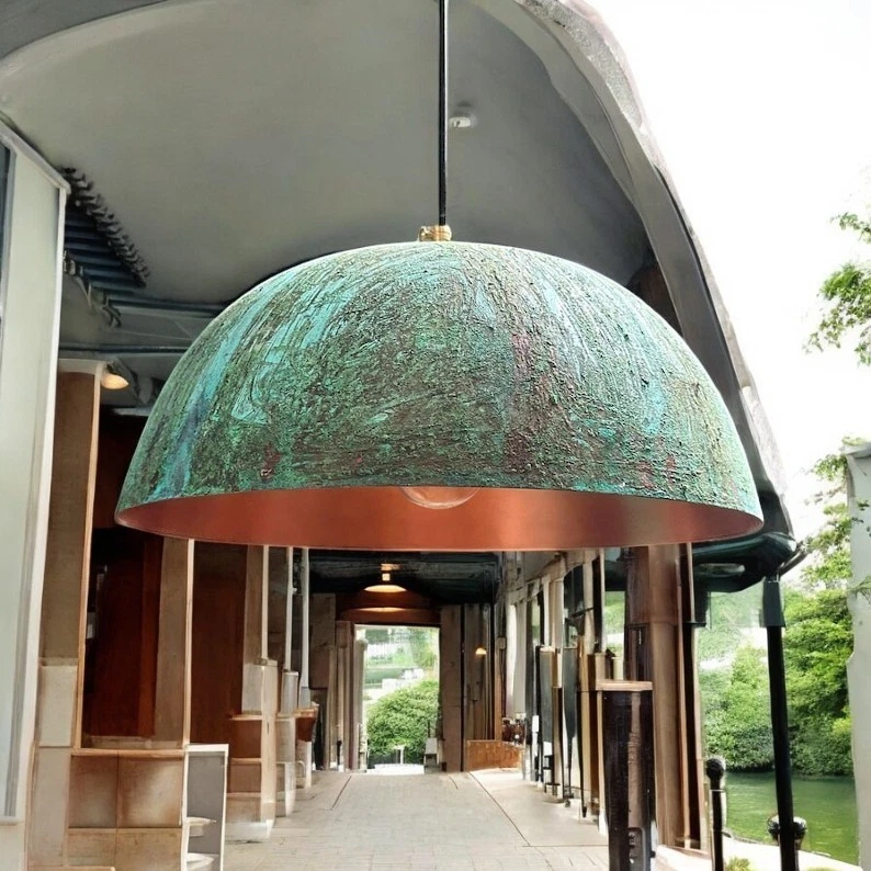Lámpara colgante de cobre pátina verde oxidada, luz de techo domo hecha a mano, Foto 2 de 4