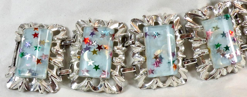 Confetti Lucite Bracelet Powder Blue Glitter Stars Silvertone Metal 1950 Vintage - Picture 5 of 8