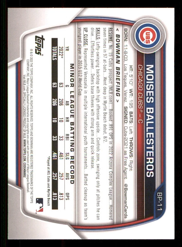 2023 Bowman Prospects #BP11 Moises Ballesteros - Image 2 of 2