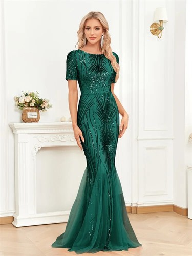 Elegant Short Sleeves Formal Evening Dress Women Luxury Party Maxi Prom Gowns - Picture 8 of 27