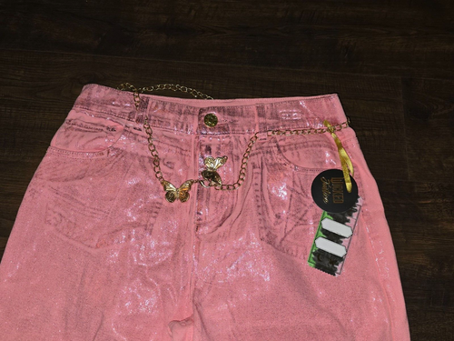 Justice Wicked Girls Size 7 16 Pink Metallic Denim Relaxed Baggy Flare W/Belt - Picture 4 of 10