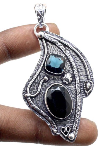 925 Sterling Silver Black Spinel & Topaz Gemstone Jewelry Pendant Size-2.10" - Picture 2 of 2