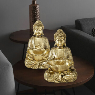 2x Buddha Dekofigur sitzend Feng Shui Innendekoration Asia Statue Kunstharz gold