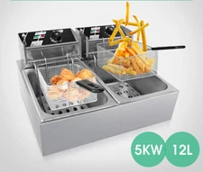 Electric Deep Fryer Dual Tank Frying Machine 5000W 12L W/ Baskets Lid Commercial