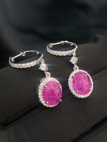 Pave 9.50 Carats Round Brilliant Natural Diamonds Ruby Dangle Earrings 18K Gold - Picture 9 of 15