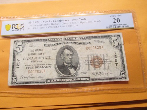 1929 $5 THE NATIONAL BANK OF CANAJOHARIE, NEW YORK PCGS VF 20 RARE - Picture 1 of 5