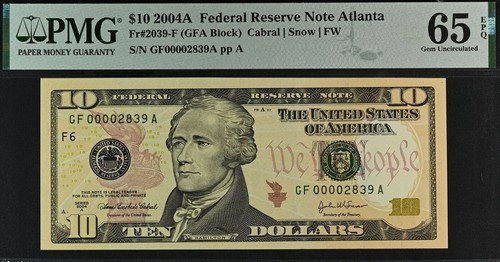 2004A $10 Atlanta FRN PMG 65EPQ wanted four digit low serial number 00002839 - Picture 2 of 3