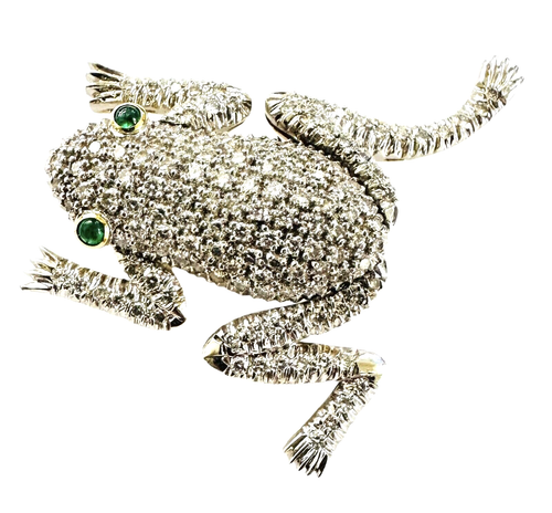 Signed Articulated Frog Diamond 1.75 Carat Emerald Eyes 18kt Gold Brooch 12.30 g - Picture 12 of 19