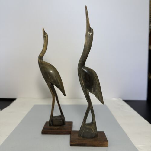 Pair Vintage Hand Carved Buffalo Horn Crane / Heron / Egret Figurines
