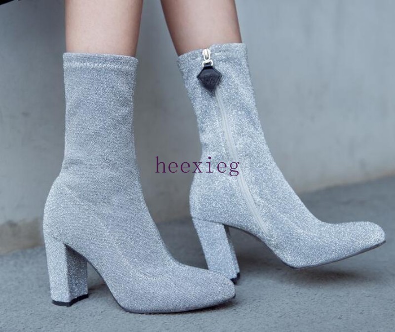 Womens Suede Round Toe High Block Heels Stretchy Pull On Mid Calf Boots Shoes SZ Womens Suede Round Toe High Block Heels Stretchy Pull On Mid Calf Boots Shoes SZ