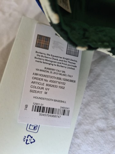 Burberry  Ivory And Green Houndstooth  Six Panel Baseball  Cap  - Authentic. - Picture 9 of 11