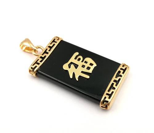 Black Agate Multicolor Jade Blessing Fortune 18KGP Rectangle Pendant Necklace - Picture 34 of 41