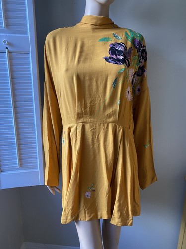 NWT FREE PEOPLE MUSTARD GEMMA FLORAL TIE NECK  TUNIC DRESS SZ L - Picture 6 of 8