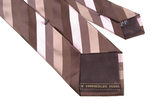 RECENT Ermenegildo Zegna Satin Brown Nude Pink Woven Bar Stripe Silk Tie - Picture 3 of 5