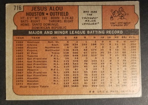 1972 Topps #716 Jesus Alou *High Number - Houston Astros - Picture 2 of 2