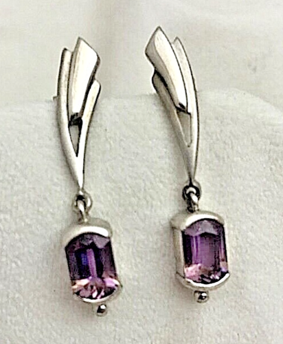 Sterling Silver .925 1/4" x 1 3/4" Emerald Cut Amethyst Dangle Earrings - Picture 8 of 9