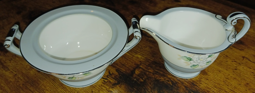 Vtg Harmony House Sheraton 3250 Creamer & Sugar Bowl Gray Band White Flowers EUC - Picture 12 of 17