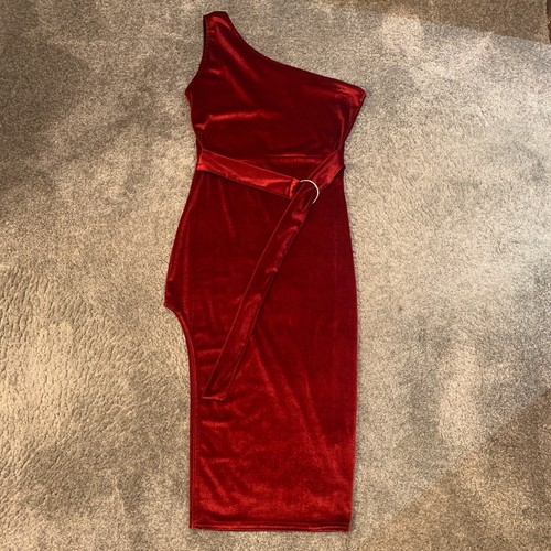 Burgundy One Shoulder Velvet Midi Dress Size 10
