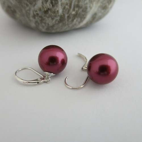Ohrringe Ohrhänger in Rotwein Fuchsia aus MuschelkernPerlen Rund 12mm Brisuren - Bild 4 von 5